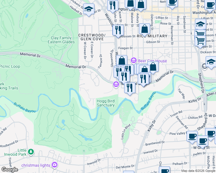 map of restaurants, bars, coffee shops, grocery stores, and more near 6012 Memorial Drive in Houston