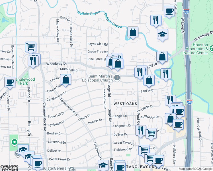map of restaurants, bars, coffee shops, grocery stores, and more near 673 Shady Hollow in Houston