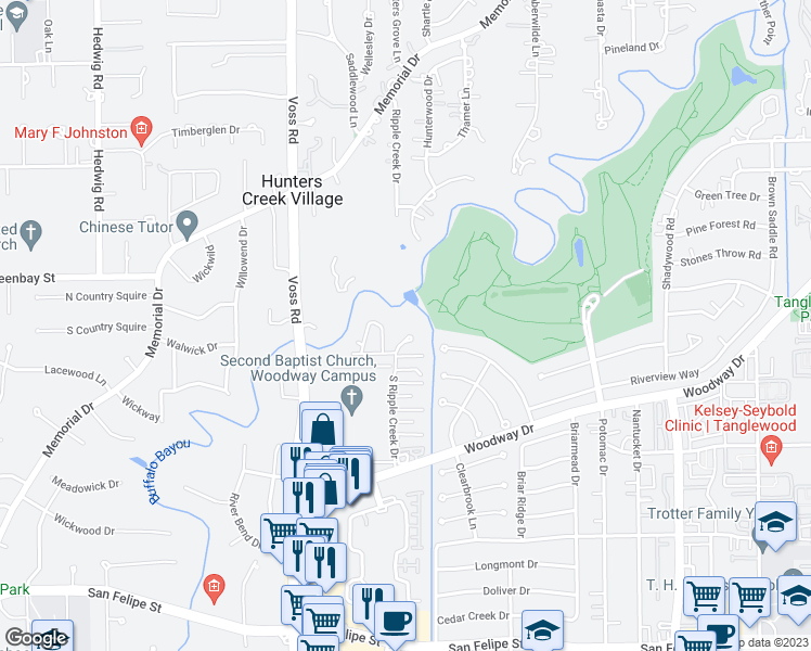 map of restaurants, bars, coffee shops, grocery stores, and more near 600 South Ripple Creek Drive in Houston