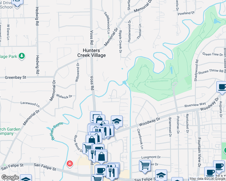 map of restaurants, bars, coffee shops, grocery stores, and more near 6454 Bayou Glen Road in Houston