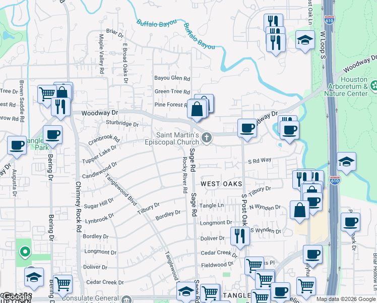 map of restaurants, bars, coffee shops, grocery stores, and more near 673 Shady Hollow in Houston
