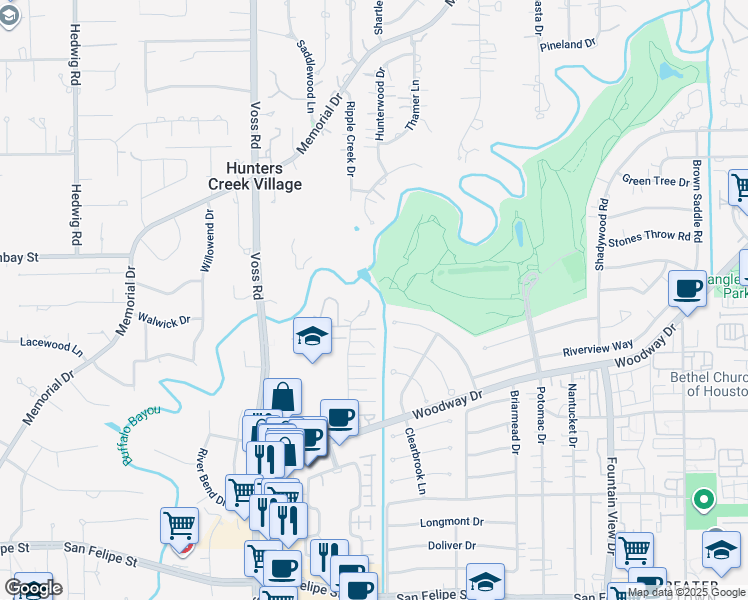 map of restaurants, bars, coffee shops, grocery stores, and more near 600 South Ripple Creek Drive in Houston