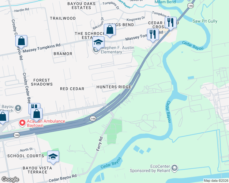 map of restaurants, bars, coffee shops, grocery stores, and more near 3914 Ridge Canyon Road in Baytown