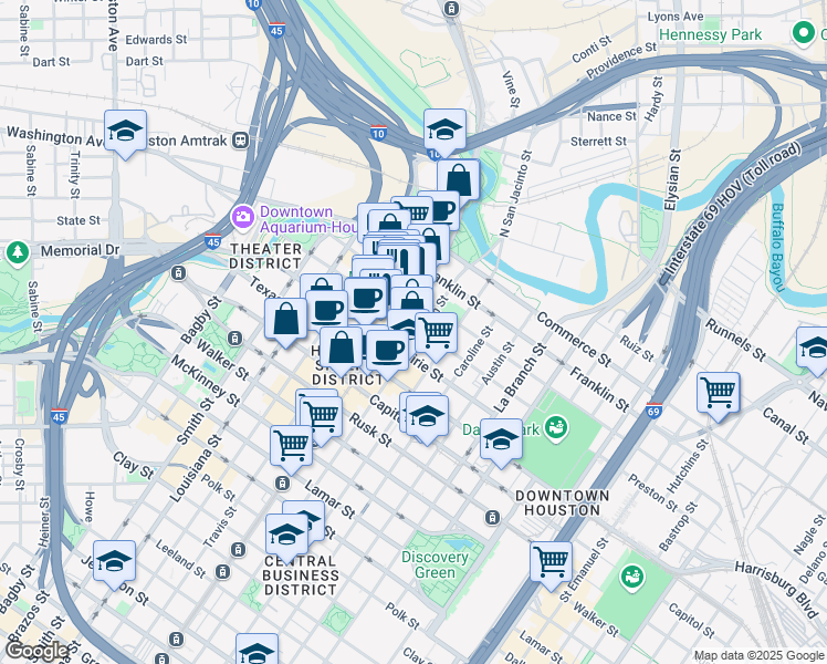 map of restaurants, bars, coffee shops, grocery stores, and more near 312 Main street in Houston