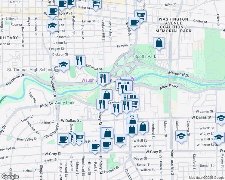 map of restaurants, bars, coffee shops, grocery stores, and more near 3330 Allen Parkway in Houston