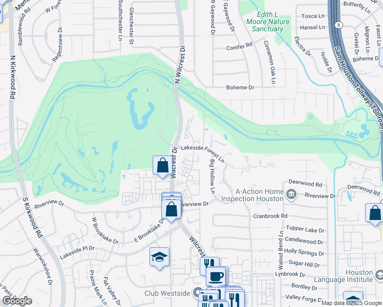 map of restaurants, bars, coffee shops, grocery stores, and more near 301 Wilcrest Drive in Houston
