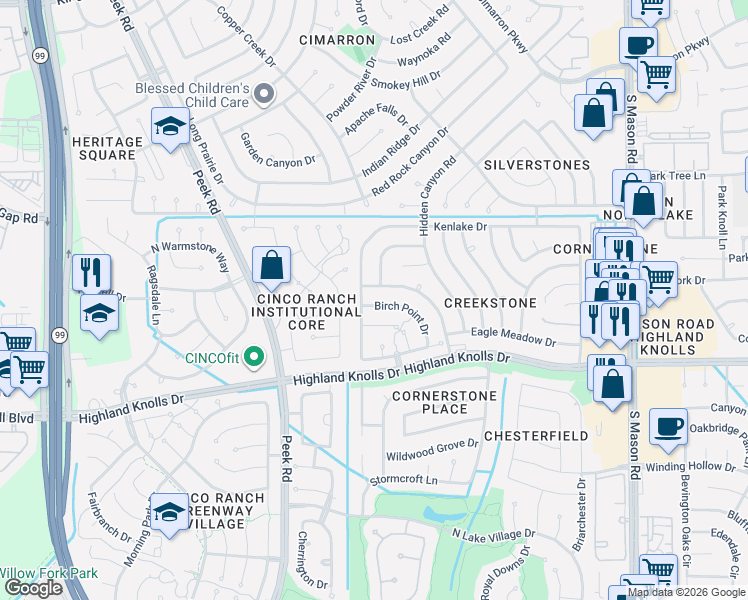 map of restaurants, bars, coffee shops, grocery stores, and more near 1323 Brook Grove Drive in Katy