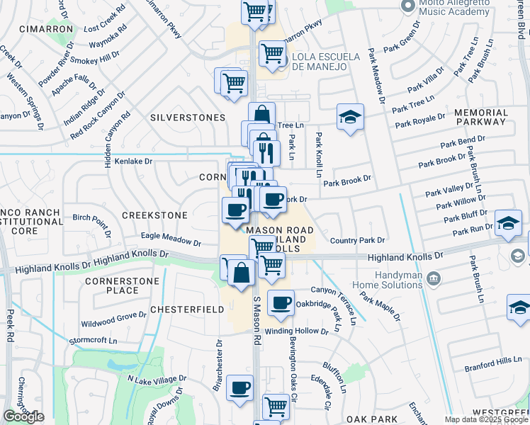 map of restaurants, bars, coffee shops, grocery stores, and more near 1427 Mason Road in Katy