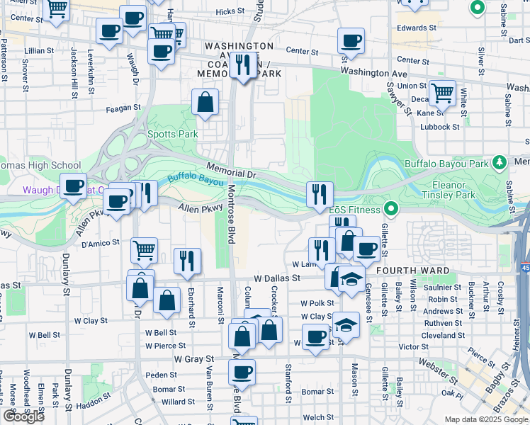 map of restaurants, bars, coffee shops, grocery stores, and more near Allen Parkway in Houston
