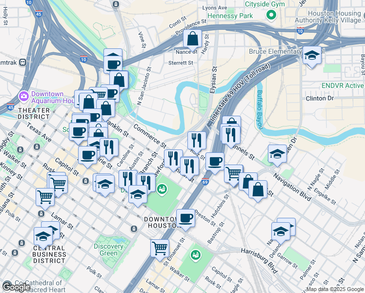 map of restaurants, bars, coffee shops, grocery stores, and more near 1610 Ruiz Street in Houston