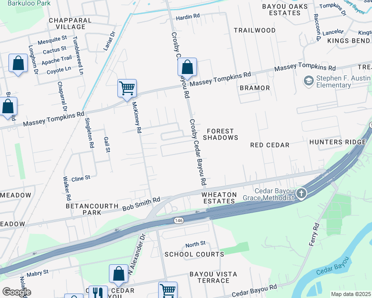 map of restaurants, bars, coffee shops, grocery stores, and more near 3529 Crosby Cedar Bayou Road in Baytown
