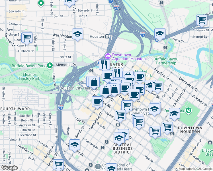 map of restaurants, bars, coffee shops, grocery stores, and more near 500-574 Capitol Street in Houston