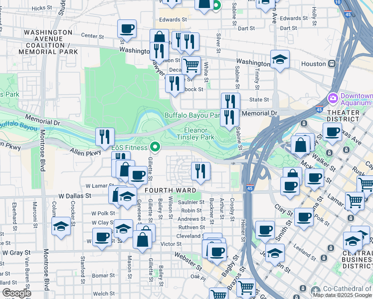 map of restaurants, bars, coffee shops, grocery stores, and more near 1600 Allen Pkwy in Houston