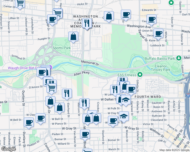 map of restaurants, bars, coffee shops, grocery stores, and more near 2227 Allen Parkway in Houston