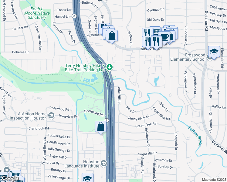 map of restaurants, bars, coffee shops, grocery stores, and more near 59 Texas 8 Beltway in Houston