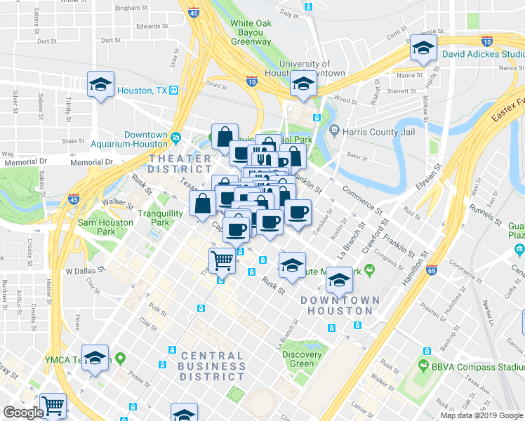 map of restaurants, bars, coffee shops, grocery stores, and more near 919 Prairie Street in Houston