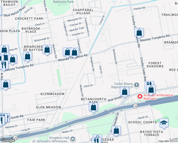map of restaurants, bars, coffee shops, grocery stores, and more near 1409 McPhail Road in Baytown