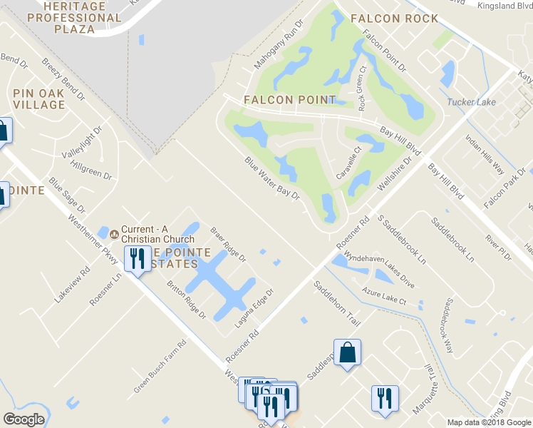 map of restaurants, bars, coffee shops, grocery stores, and more near 2115 Saddlehorn Trail in Katy