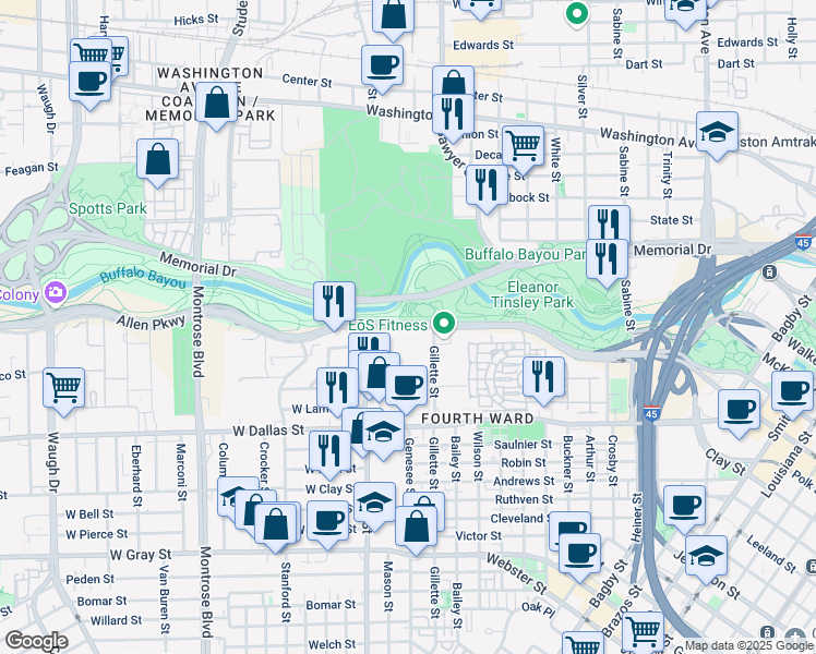 map of restaurants, bars, coffee shops, grocery stores, and more near 1620 Allen Parkway in Houston