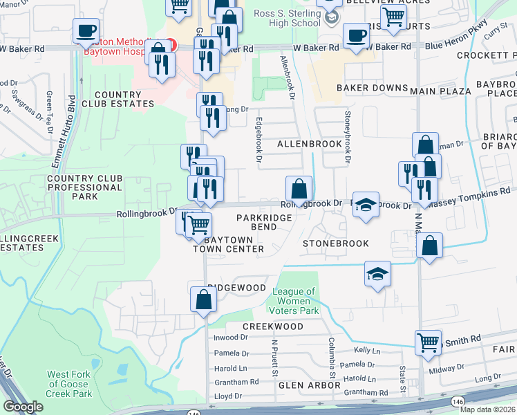 map of restaurants, bars, coffee shops, grocery stores, and more near 519 Rollingbrook Drive in Baytown