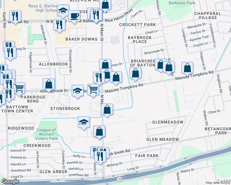 map of restaurants, bars, coffee shops, grocery stores, and more near 202 Massey Tompkins Road in Baytown
