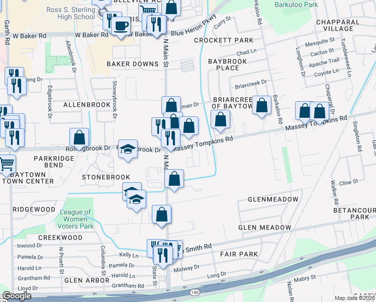 map of restaurants, bars, coffee shops, grocery stores, and more near 202 Massey Tompkins Road in Baytown