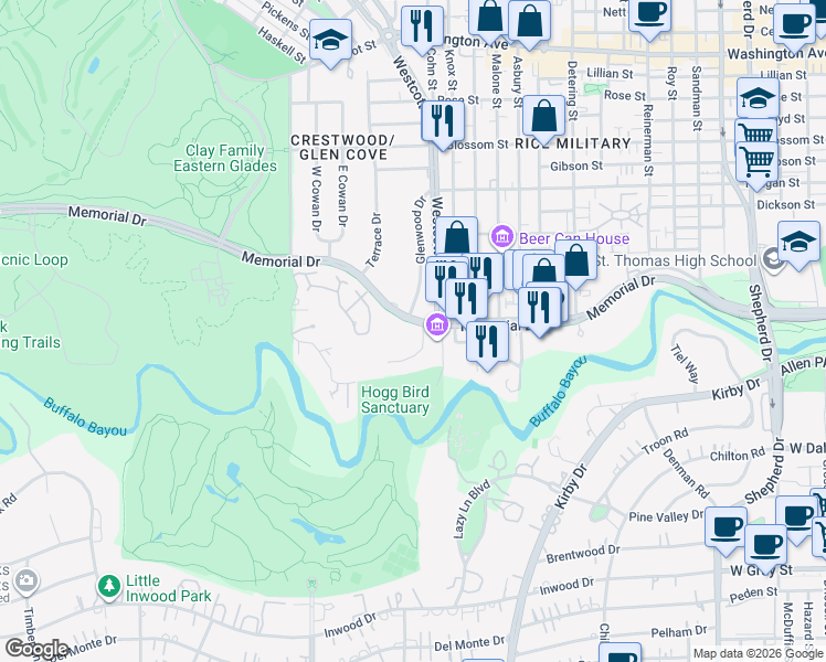 map of restaurants, bars, coffee shops, grocery stores, and more near 6012 Memorial Drive in Houston