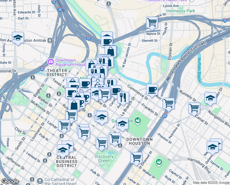 map of restaurants, bars, coffee shops, grocery stores, and more near 1201 Congress Street in Houston