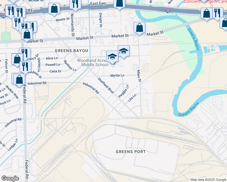 map of restaurants, bars, coffee shops, grocery stores, and more near 1569 Sheffield Boulevard in Houston