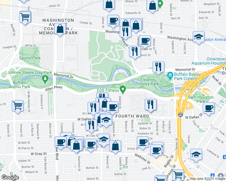 map of restaurants, bars, coffee shops, grocery stores, and more near 1620 Allen Parkway in Houston