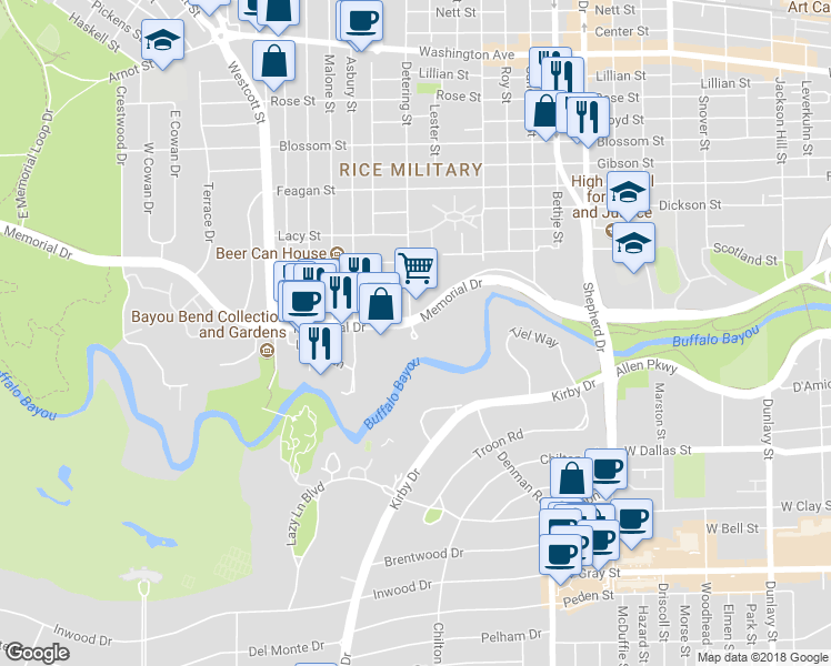 map of restaurants, bars, coffee shops, grocery stores, and more near 5499 Memorial Drive in Houston