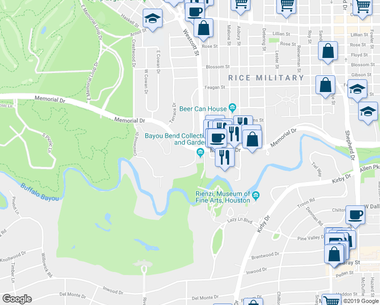 map of restaurants, bars, coffee shops, grocery stores, and more near 6012 Memorial Drive in Houston