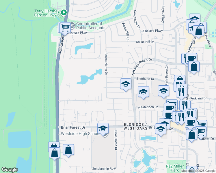 map of restaurants, bars, coffee shops, grocery stores, and more near 14219 Woodville Gardens Drive in Houston