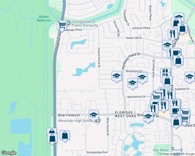 map of restaurants, bars, coffee shops, grocery stores, and more near 14219 Woodville Gardens Drive in Houston