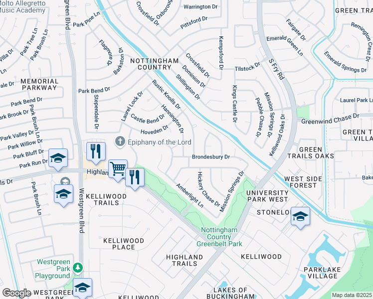 map of restaurants, bars, coffee shops, grocery stores, and more near 1610 Hannington Drive in Katy