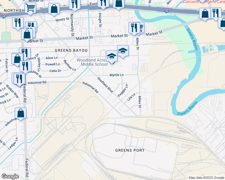 map of restaurants, bars, coffee shops, grocery stores, and more near 1569 Sheffield Boulevard in Houston