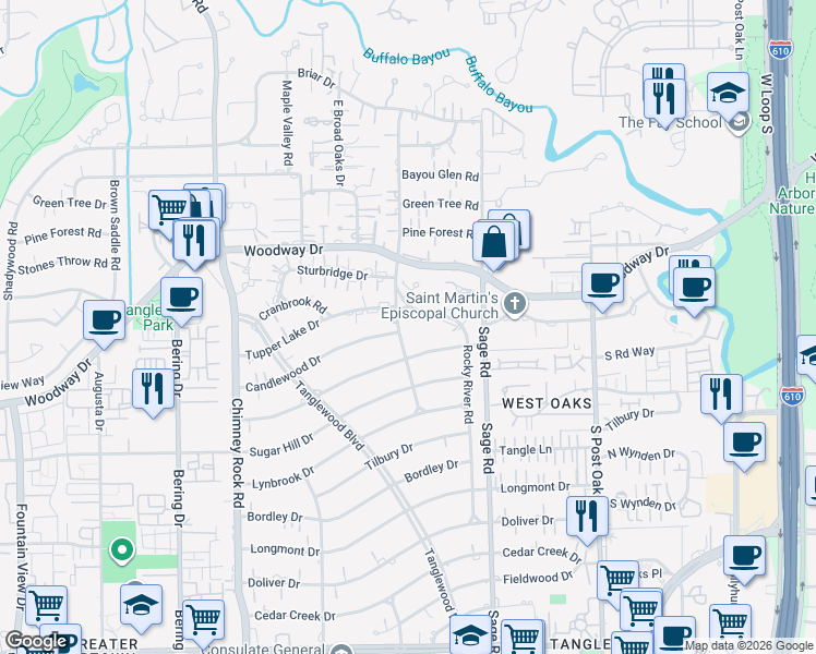 map of restaurants, bars, coffee shops, grocery stores, and more near 604 Rocky River Road in Houston