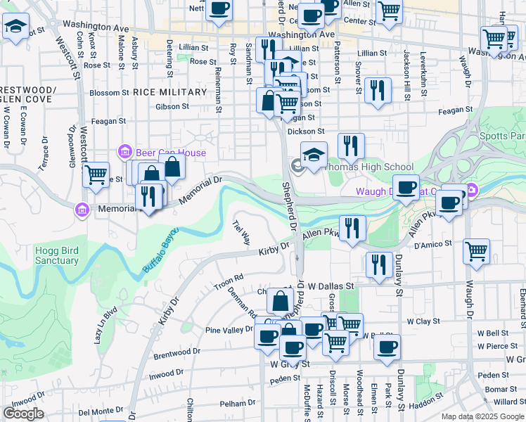 map of restaurants, bars, coffee shops, grocery stores, and more near 20 Tiel Way in Houston