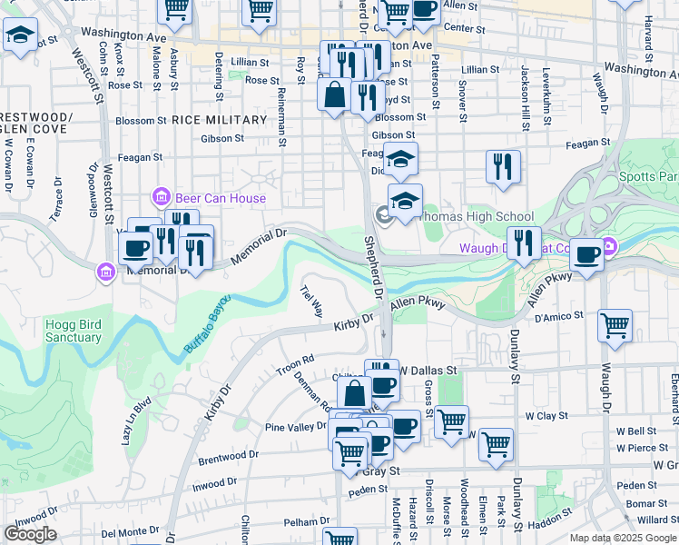 map of restaurants, bars, coffee shops, grocery stores, and more near 20 Tiel Way in Houston