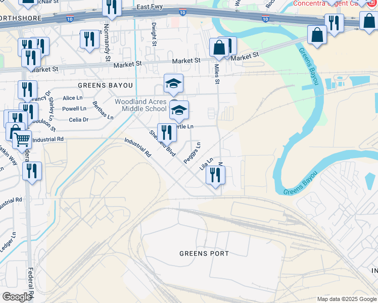 map of restaurants, bars, coffee shops, grocery stores, and more near 12921 Peggy's Court in Houston