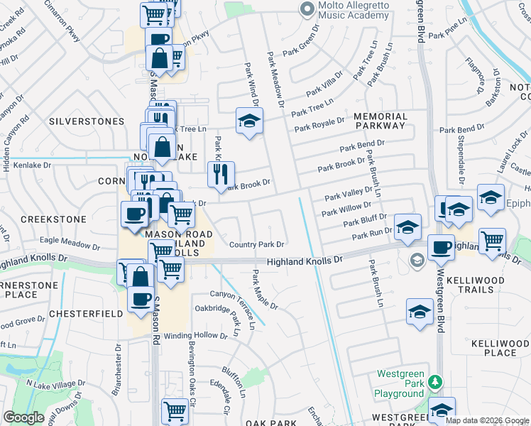 map of restaurants, bars, coffee shops, grocery stores, and more near 21626 Park Valley Drive in Katy