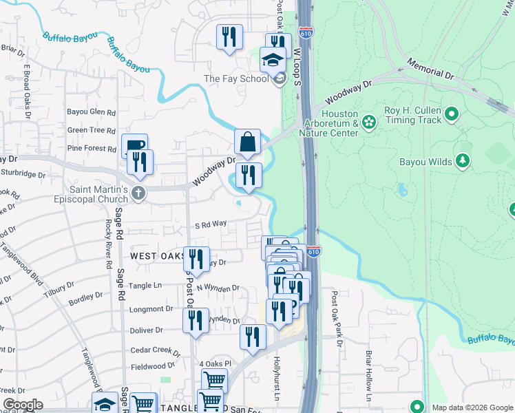 map of restaurants, bars, coffee shops, grocery stores, and more near 28 Riverway Drive in Houston
