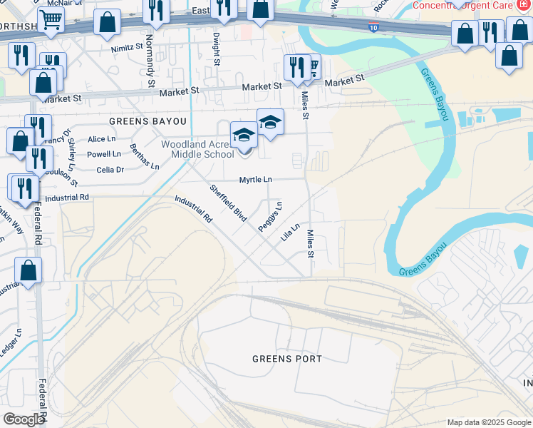 map of restaurants, bars, coffee shops, grocery stores, and more near 12921 Peggy's Court in Houston