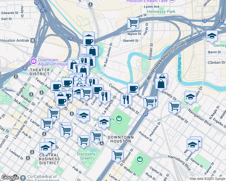 map of restaurants, bars, coffee shops, grocery stores, and more near 1301 Franklin Street in Houston