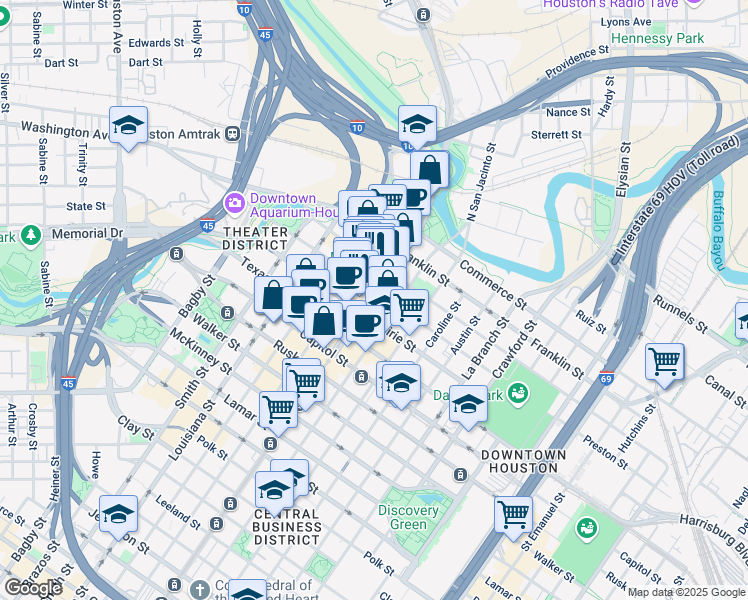 map of restaurants, bars, coffee shops, grocery stores, and more near 312 Main street in Houston