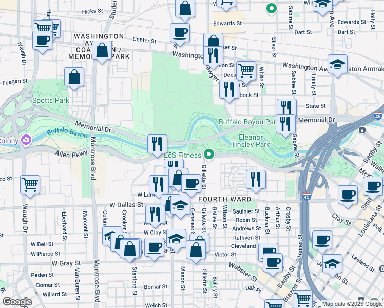 map of restaurants, bars, coffee shops, grocery stores, and more near 1620 Allen Parkway in Houston