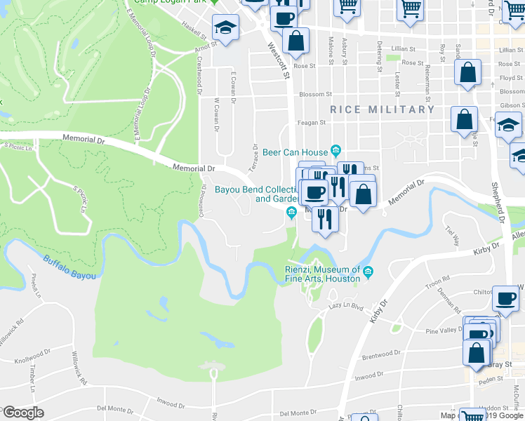 map of restaurants, bars, coffee shops, grocery stores, and more near 42 East Bend Lane in Houston