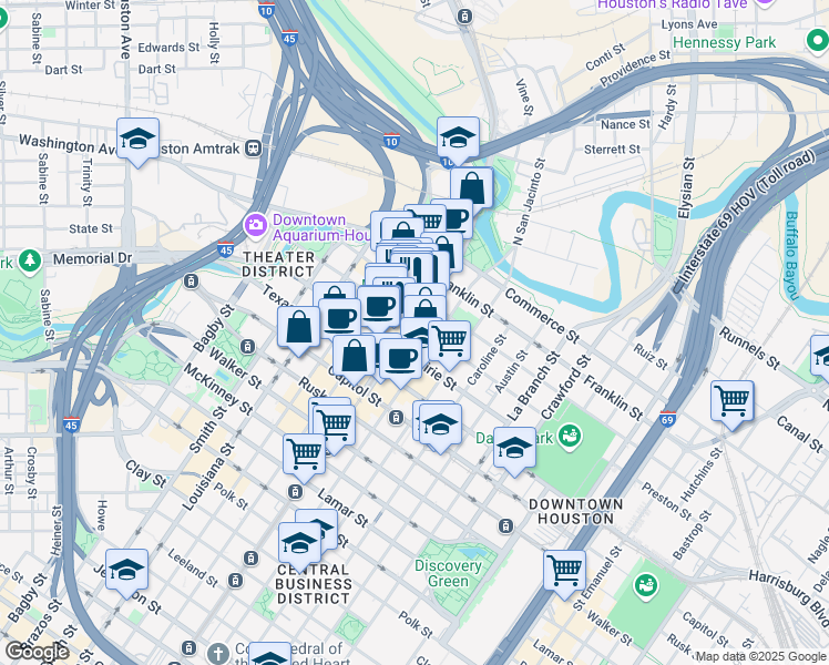 map of restaurants, bars, coffee shops, grocery stores, and more near 405 Main street in Houston