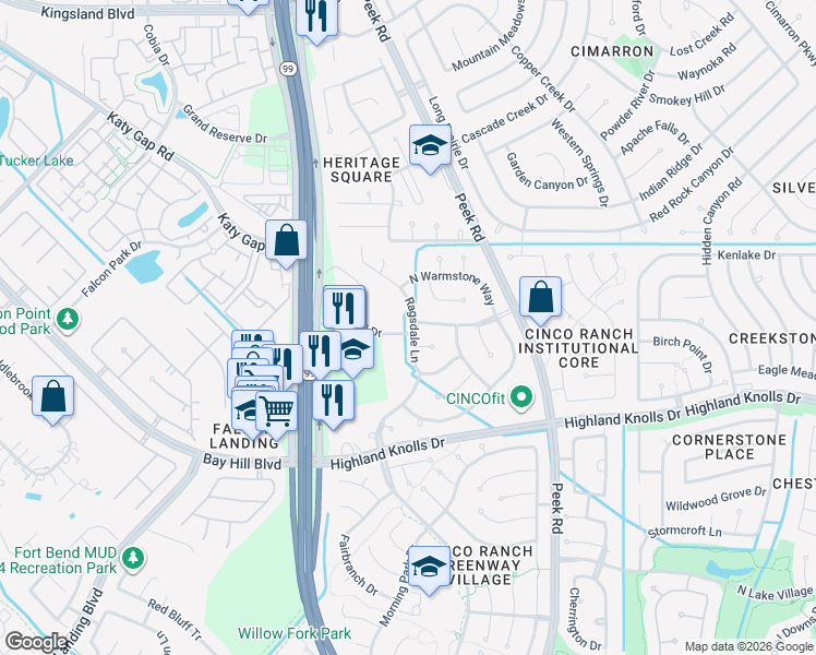 map of restaurants, bars, coffee shops, grocery stores, and more near 1322 Ragsdale Lane in Katy