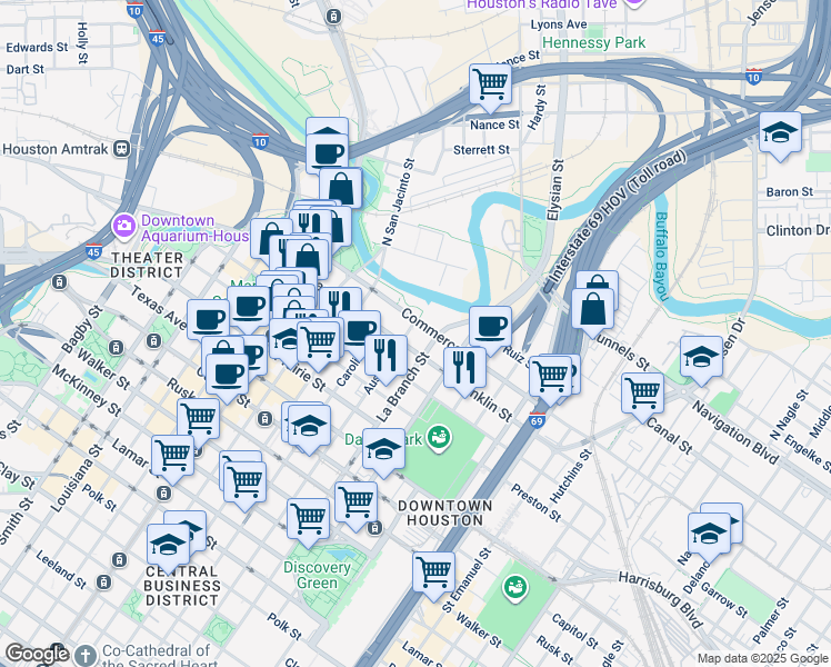 map of restaurants, bars, coffee shops, grocery stores, and more near 101 Austin Street in Houston